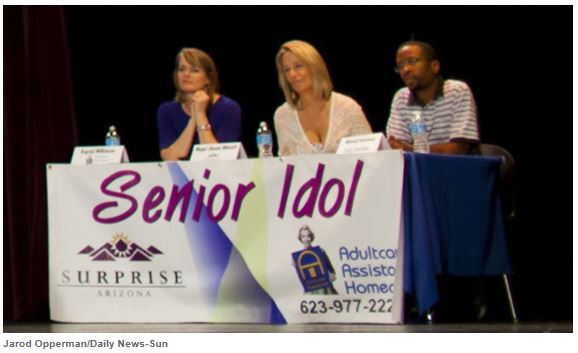  Krystal Wilkinson, president of Adultcare Assistance Homecare, Surprise Mayor Sharon Wolcott and Daily News-Sun reporter Mitchell Vantrease judge the 2013 Surprise Senior Idol contest 