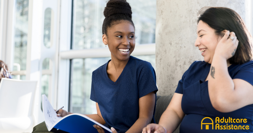 2 women study together to meet the requirements for being a professional caregiver.