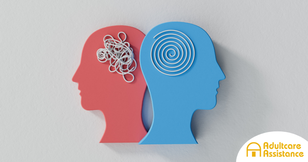 A graphic with a head with jumbled strings and one with organized, spiral strings, representing bad and good brain health.